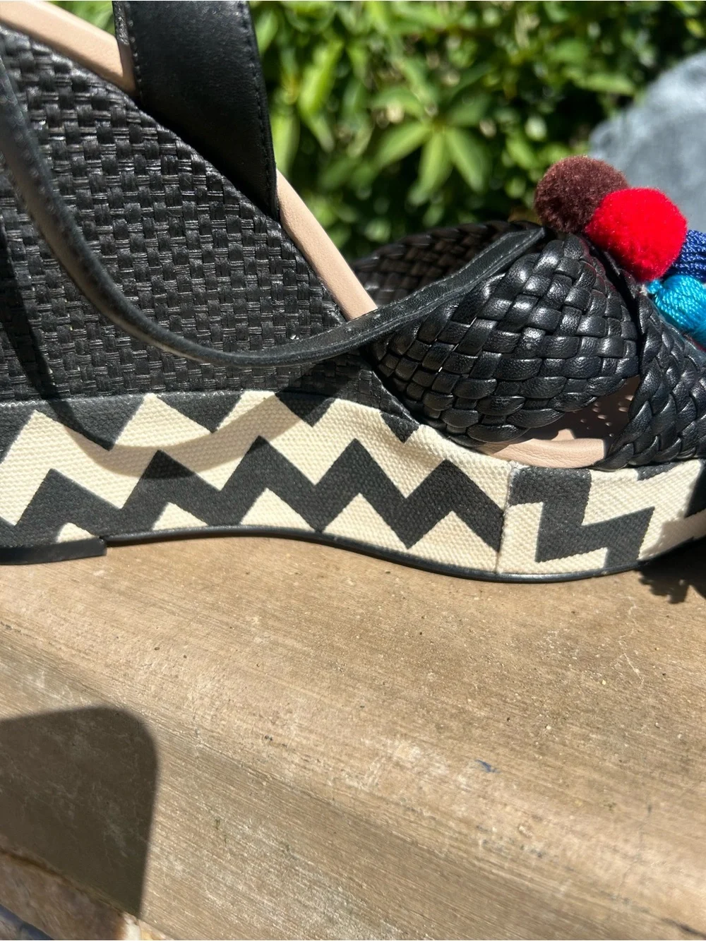 Kate Spade Black Woven Espadrille Wedge Sandals with Multicolor Tassels